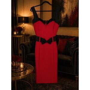 Switchblade Stiletto NWT Red Black Sweetheart Belted Midi Dress L Feminine Edgy